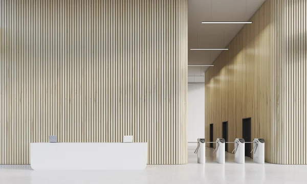 Reception and turnstiles in office with wood walls — Stock Fotó