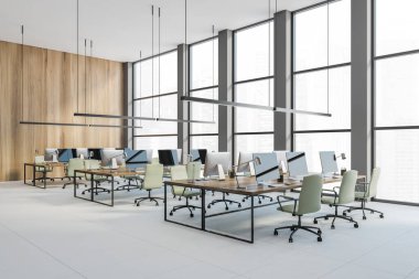 Uzay ofisi, bilgisayarlı ahşap masalar. Üst üste bilgisayarlı modern masalar, ofiste çalışma alanı, insan yok, 3D görüntüleme