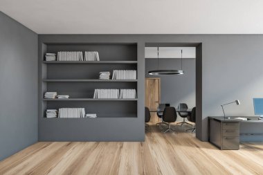 Gri ofis odası, büyük kitaplık ve toplantı odası. Minimalist stil karanlık ofis içinde sandalyeler, bilgisayar ve lamba masada, insan yok, 3D görüntüleme