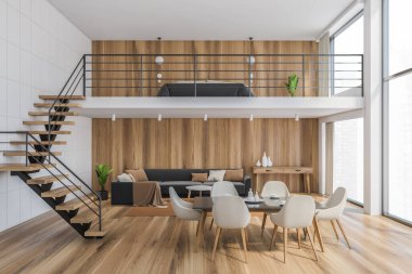 Mutfak masası ve beyaz sandalyeli ahşap oturma odası, merdivenli iki kat. Büyük salonun 3 boyutlu portresi kanepe, büyük pencereli bir odanın şık minimalist çizimi, insan yok.