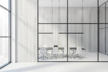 Beyaz sandalyeli parlak ofis ve büyük uzun konferans masası, açık beyaz stil modern toplantı odası insansız, 3D görüntüleme