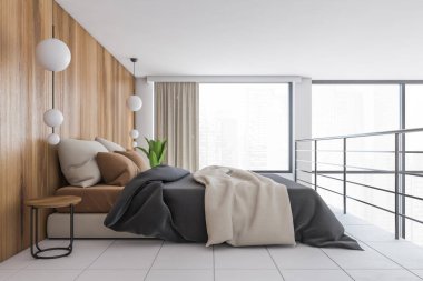İkinci katta, minimalist ahşap ve beyaz bir salonda çarşaflı yatak. 3 boyutlu, uyuma odası tuvaletinin resimlerini çiziyor.