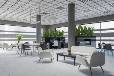 Modern ofis bekleme odasının köşesinde gri duvarlar, fayanslar, rahat beyaz koltuklar ve sehpaların yanında duran koltuklar. 3d oluşturma