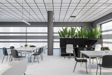 Gri duvarları, beton zemini ve sehpaların yanında duran rahat beyaz koltukları olan panoramik ofis bekleme odasının içi. 3d oluşturma