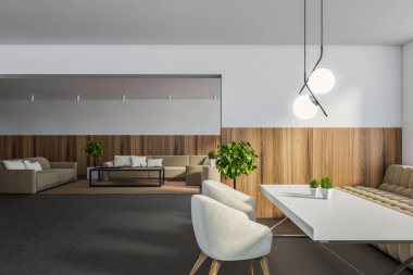 Beyaz ve ahşap duvarlı modern kafe, beton zemin ve bej koltuklu beyaz masa ve beyaz koltuklar. 3d oluşturma