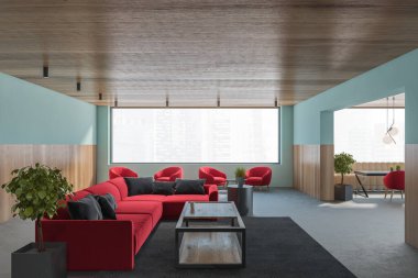 Mavi ve ahşap duvarları, beton zemini, kırmızı koltukları ve kahve masası olan modern oturma odasının içi. 3d oluşturma