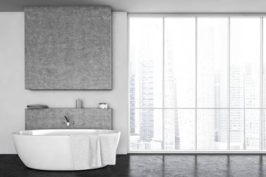 Gri beton duvara karşı beyaz banyo. Büyük bir banyo taklit alanı. Şehir manzaralı büyük bir pencere. Siyah zeminli şık minimalist banyo, 3D görüntüleme yok.
