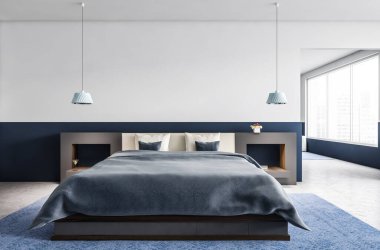 Beyaz ve mavi duvarlı, fayanslı ve rahat kral yatağı olan modern yatak odasının içi. 3d oluşturma