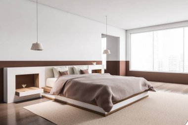 Beyaz ve kahverengi duvarları, fayanslı zemini ve rahat kral yatağı olan şık bir yatak odası. 3d oluşturma