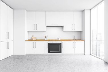 Beyaz duvarları, beton zemini ve lavabo ve fırında yapılmış beyaz dolapları olan modern minimalist mutfağın içi. 3d oluşturma