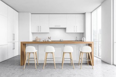 Beyaz duvarları, beton zemini, beyaz dolapları ve tabureli barı olan modern mutfağın içi. 3d oluşturma