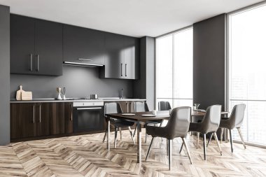 Gri duvarları, ahşap zemini ve lavabo ve fırından yapılmış gri dolapları olan şık minimalist mutfağın köşesi. Charis 'le yemek masası. 3d oluşturma