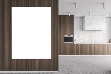 Beyaz ve koyu ahşap duvarları, beton zemini ve koyu ahşap dolapları olan modern mutfağın içi. Dikey maket posteri. 3d oluşturma