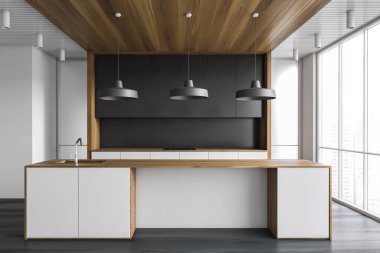 Gri duvarlı, ahşap zeminli ve üzerinde lambalar olan şık bir mutfak. 3d oluşturma