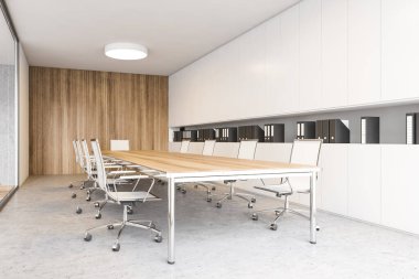 Beyaz sandalyeli ve ahşap masa manzaralı modern ışık toplantı odası. Cam kapılar, ahşap ve beyaz duvarlar konferans salonunda, 3D 'de hiç kimse yok.