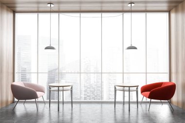 Ofis merkezinde kahve masalı pembe ve kırmızı sandalyeler, büyük pencereli koltuklar, gökdelenler. 3D görüntüleme, insan yok