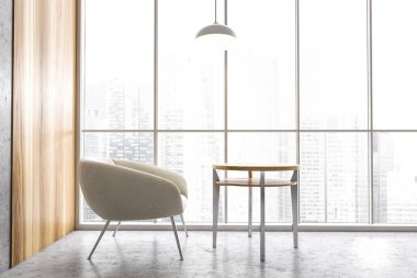 Köşesinde ofis lambası olan beyaz bir sandalye büyük cam pencerenin yanında mermer şehir manzaralı gökdelenler. Rahat bir dinlenme odası 3D görüntüleme, insan yok.