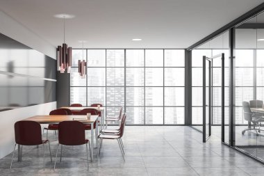 Gri ve cam duvarlı modern ofis toplantı odası, beton zemin ve siyah sandalyeli uzun konferans masası. 3d oluşturma