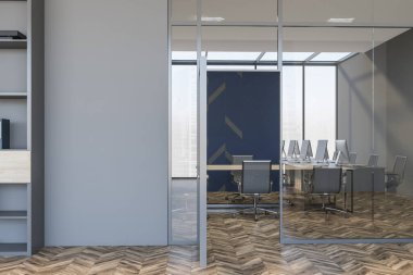 Gri ve mavi duvarları, ahşap zemini ve uzun konferans masası olan şık ofis toplantı odasının içi. 3d oluşturma