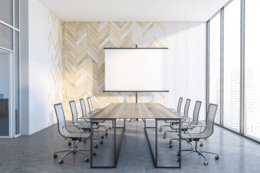 Beyaz ve ahşap duvarları, beton zemini ve uzun konferans masası olan modern ofis toplantı odasının içi. Sunum ekranını hazırla. 3d oluşturma