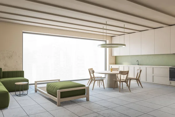 白と緑の壁 タイル張りの床 ベージュの食器棚と椅子付きのラウンドダイニングテーブルとスタイリッシュなキッチンのコーナー 3Dレンダリング — ストック写真