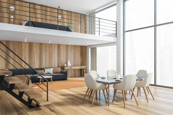 Wooden Living Room Kitchen Table White Chairs Two Floors Stairs — Stock Photo, Image