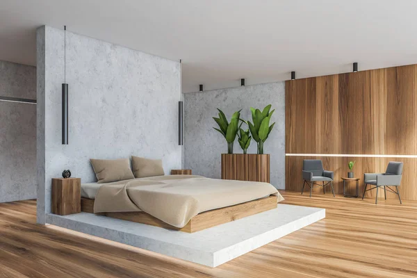 Esquina Elegante Dormitorio Con Paredes Blancas Madera Suelo Madera Cómoda — Foto de Stock