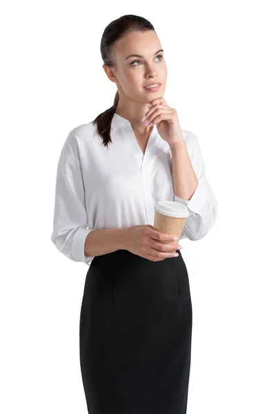 Isolated Portrait Pensive Young Businesswoman Holding Paper Cup Coffee Concept — Stock Photo, Image