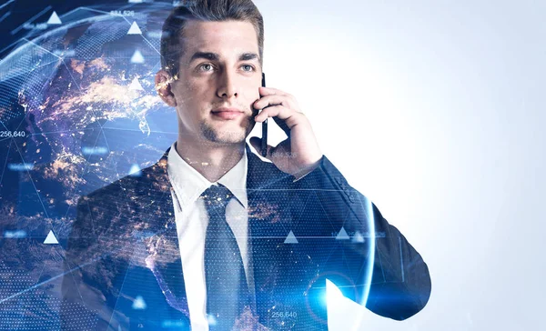 Young Businessman Talking Smartphone White Background Double Exposure Earth Hologram — Stock Photo, Image