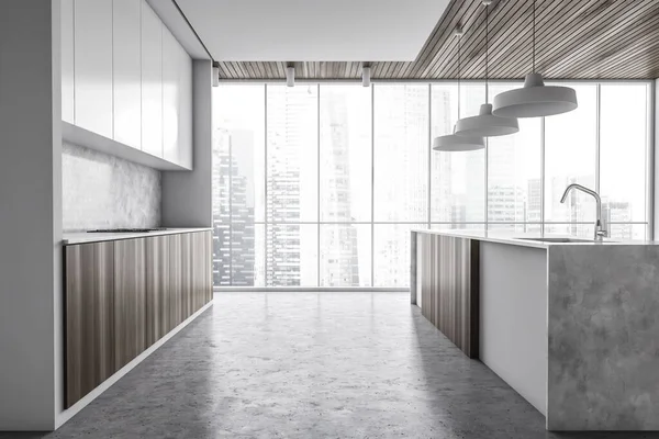 Zijaanzicht Van Moderne Keuken Met Witte Muren Betonnen Vloer Houten — Stockfoto