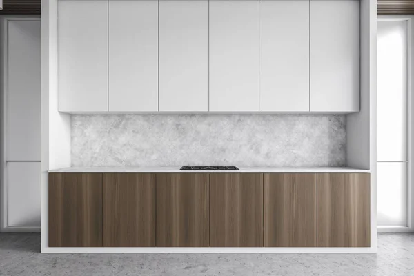 Interior Cozinha Moderna Com Paredes Brancas Piso Concreto Armários Brancos — Fotografia de Stock