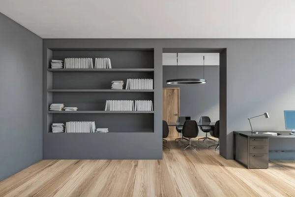 Grey Office Room Big Bookshelf Meeting Room Minimalist Stylish Dark Royalty Free Stock Images