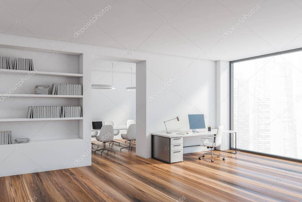 White office room, secretary and meeting room with a large window mockup copy space. Minimalist stylish interior of office with white chairs and computer on the table, no people, 3D rendering