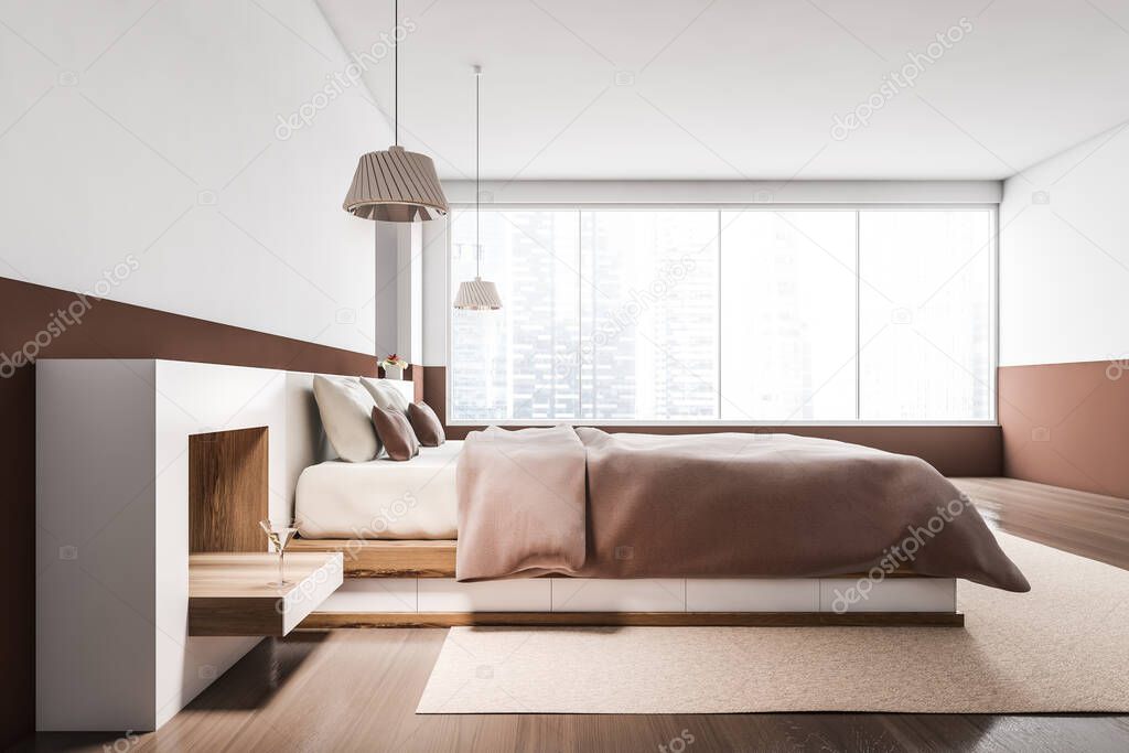 Side view of stylish master bedroom with white and brown walls, tiled floor and comfortable king size bed. 3d rendering