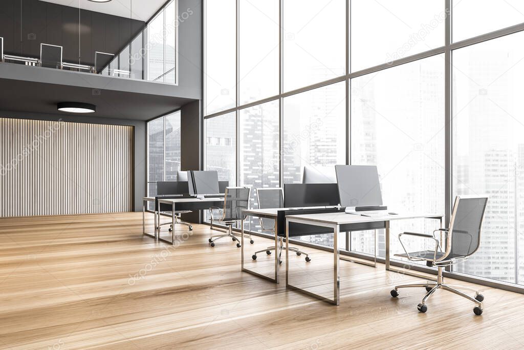 Open space lobby with wooden floor and large windows, tables with computers and black armchairs. View on city business skyscrapers, 3D rendering no people