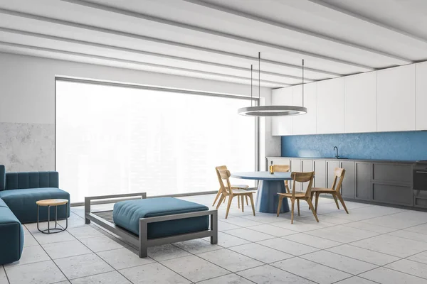 现代厨房的角落 有白色和蓝色的墙壁 铺了瓷砖的地板 灰色的碗橱和有椅子的圆形餐桌 3D渲染 — 图库照片