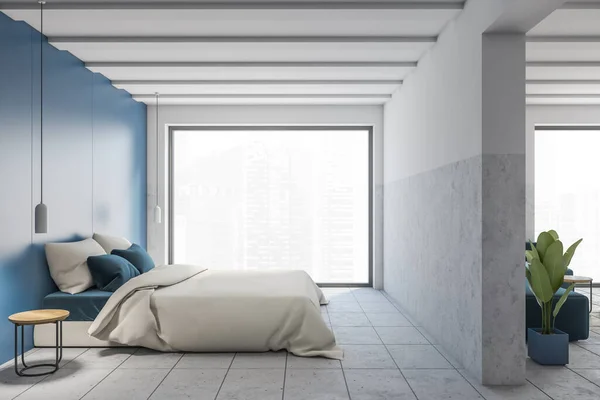 Vue Latérale Chambre Moderne Avec Des Murs Blancs Bleus Sol — Photo
