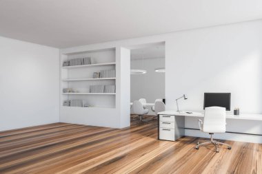 Beyaz ofis odası, büyük sekreter ve toplantı odası. Minimalist, parlak bir iç mekan. Masada beyaz sandalyeler ve bilgisayar var. İnsan yok.