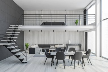 Mutfak beyaz masa ve siyah sandalyeli oturma odası, merdivenli iki kat. Büyük salonun 3 boyutlu portresi kanepe, şık minimalist bir oda, insan yok.