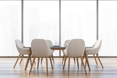 Büyük pencereli parlak mutfak odası ve tahta bacaklı altı beyaz sandalye. Bir beyaz mutfak masası. İç mekan, yemek odası 3 boyutlu parlak renkler, insan yok.