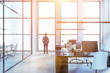 Rear view of young businessman standing in panoramic office with white walls, concrete floor and row of computer tables. Toned image