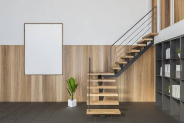 Beyaz ve ahşap duvarlı, döşemeli ve yanında dikey maket posterli merdivenleri olan şık ofis bekleme odasının içinde. 3d oluşturma