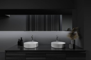 Gri ve ahşap duvarları olan şık bir banyo ve aynalı çift lavabo. 3d oluşturma