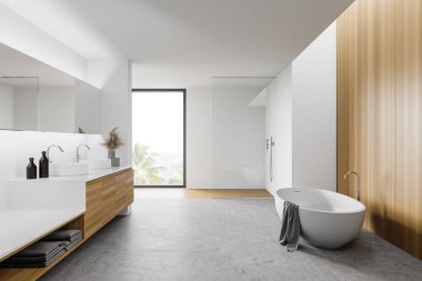 Modern banyo, beyaz ve ahşap duvarlar, beton zemin, rahat küvet ve çift lavabo. 3d oluşturma