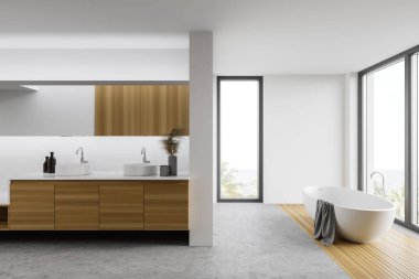 Modern banyo, beyaz ve ahşap duvarlar, beton zemin, çift lavabo ve rahat küvet. 3d oluşturma