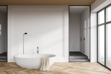 Beyaz duvarları, ahşap zemini ve tavanı, rahat küveti ve penceresi olan modern bir banyo. 3d oluşturma
