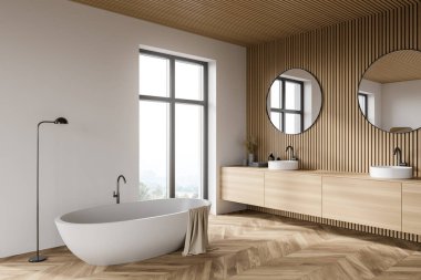 Ahşap duvarları ve zemini olan modern banyonun köşesi, çift lavabo ve iki yuvarlak ayna ve rahat küvet. 3d oluşturma