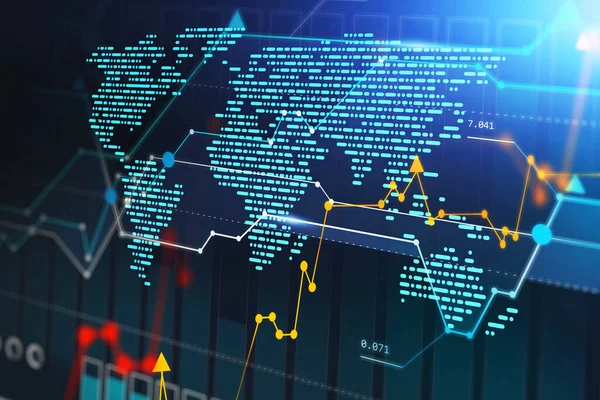 Holograma Mapa Mundo Digital Plano Fundo Gráfico Financeiro Conceito Mercado — Fotografia de Stock