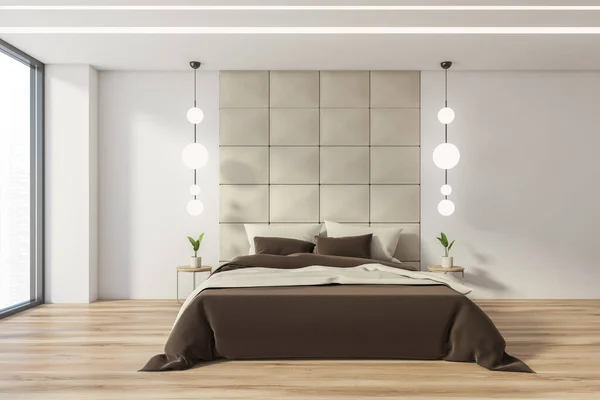 Interior Quarto Elegante Com Paredes Brancas Bege Piso Madeira Confortável — Fotografia de Stock