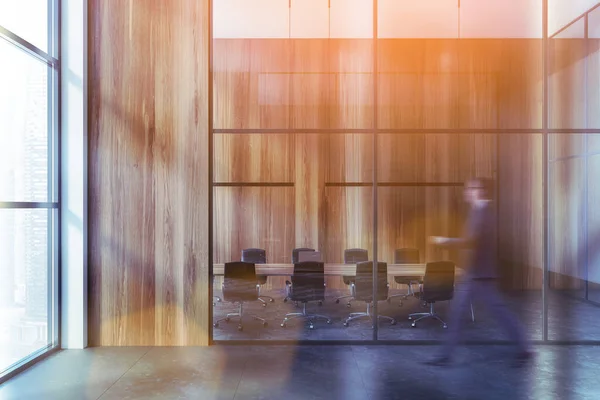 Blurry Young Businessman Walking Modern Meeting Room Wooden Walls Concrete —  Fotos de Stock